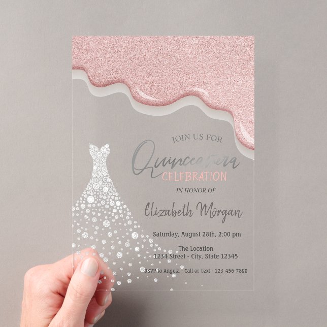 Rose Gold Glitzer Tropfen Diamond Dress Quinceañer Acryleinladungen (Insitu (Handheld))