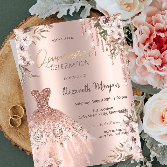 Rose Gold Glitzer Tropfen Dress Blume Quinceañera Einladung (Von Creator hochgeladen)