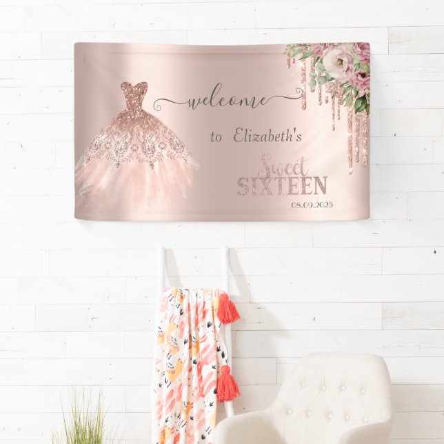 Rose Gold Glitzer Tropfen, Dress Blume Sweet 16 Banner (Insitu)