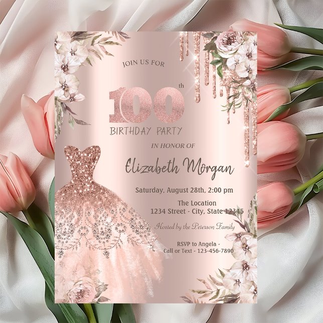Rose Gold Glitzer Tropfen Dress Floral 100. Einladung (Von Creator hochgeladen)