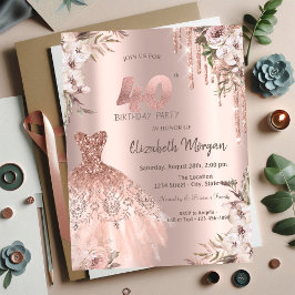 Rose Gold Glitzer Tropfen Dress Floral 40. Geburts Einladung
