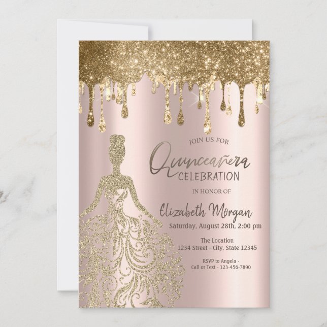Rose Gold Glitzer Tropfen Dress Quinceanera Einladung (Vorderseite)
