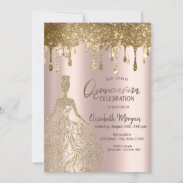 Rose Gold Glitzer Tropfen Dress Quinceanera Einladung