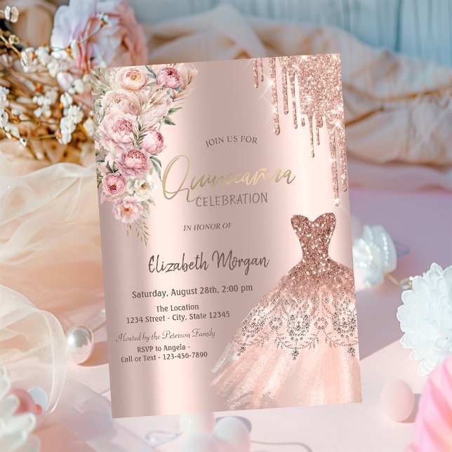 Rose Gold Glitzer Tropfen Dress Rose Quinceañera Einladung (Von Creator hochgeladen)