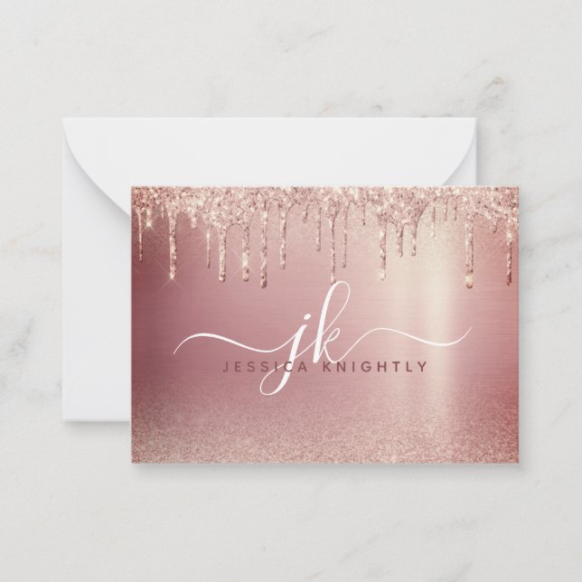 Rose Gold Glitzer Tropfen Elegante Monogram-Initia Mitteilungskarte (Vorderseite)