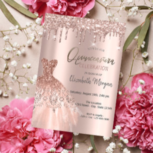 Rose Gold Glitzer Tropfen Elegantes Kleid Quinceañ Einladung