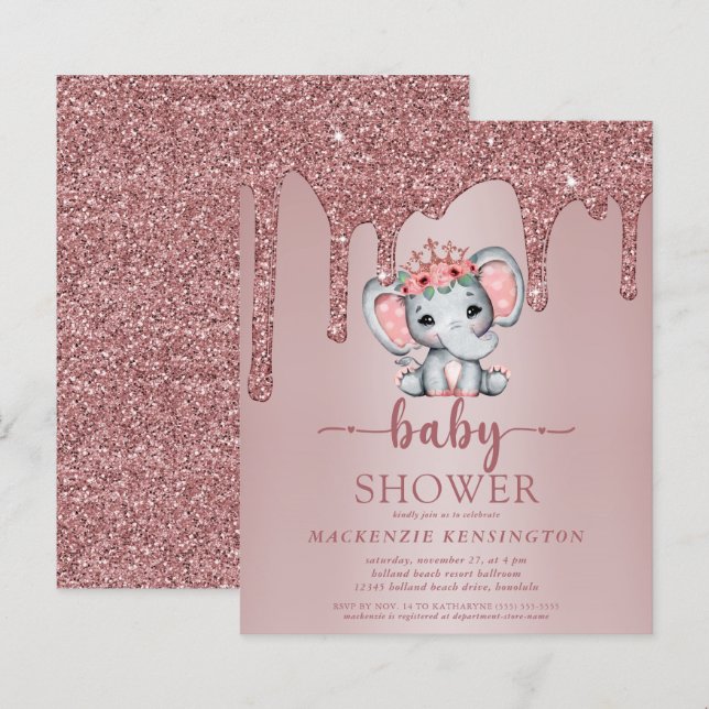Rose Gold Glitzer Tropfen Elephant Baby Girl (Vorne/Hinten)