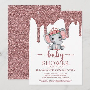 Rose Gold Glitzer Tropfen Elephant Girl Baby Dusch Einladung