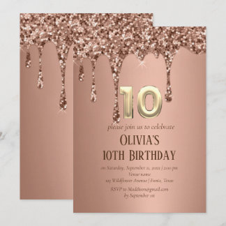 Rose Gold Glitzer Tropfen Girl Girly 10. Geburtsta Einladung