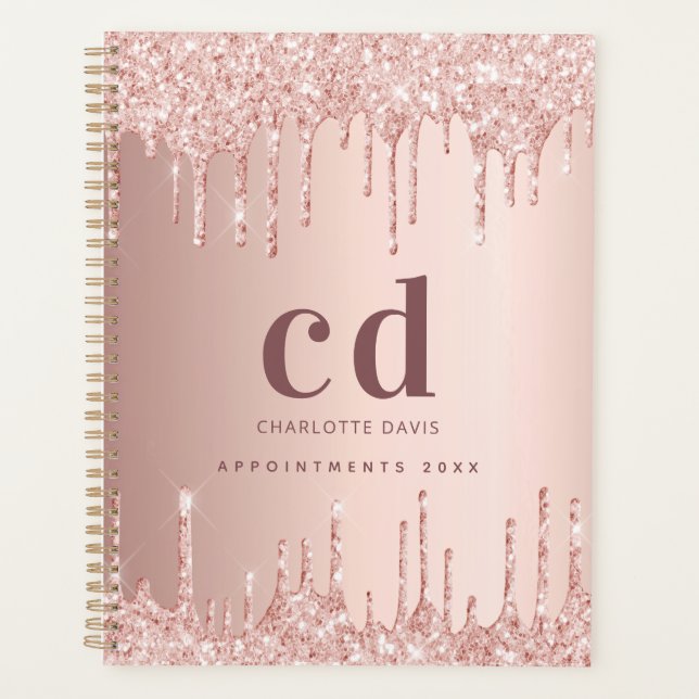 Rose Gold Glitzer Tropfen Glattleder Monogramm Planer (Vorderseite)