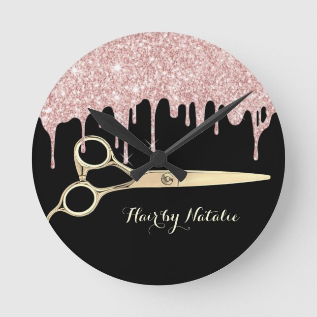 Rose Gold Glitzer Tropfen Gold Schere Friseur Salo Runde Wanduhr (Vorderseite)