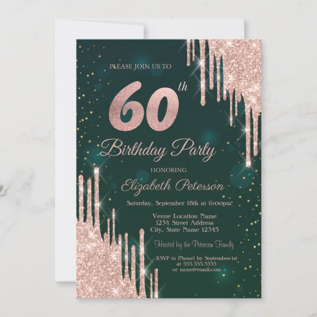 Rose Gold Glitzer Tropfen Grün 60. Geburtstag Einladung (Vorderseite)