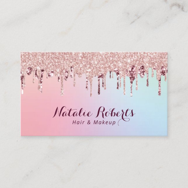 Rose Gold Glitzer Tropfen Haarstylle Makeup Artist Visitenkarte (Vorderseite)