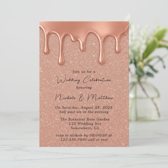 Rose Gold Glitzer & Tropfen Hochzeitsfeier Einladung (Stehend Vorderseite)