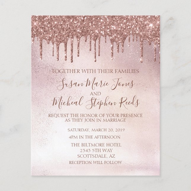Rose Gold Glitzer Tropfen Kalligrafie Hochzeitsinv Flyer (Vorne)