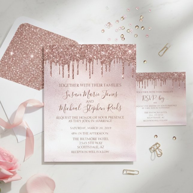 Rose Gold Glitzer Tropfen Kalligrafie Hochzeitsinv Flyer (Von Creator hochgeladen)