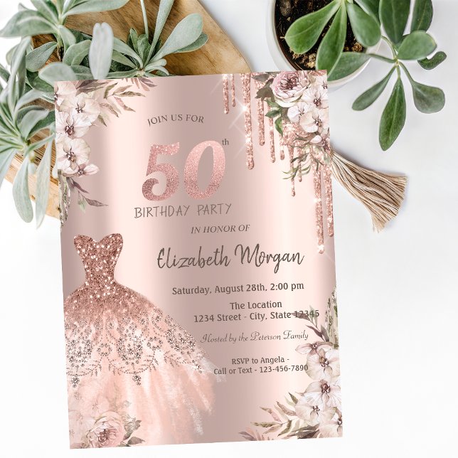 Rose Gold Glitzer Tropfen Kleid Floral 50. Geburts Einladung (Von Creator hochgeladen)