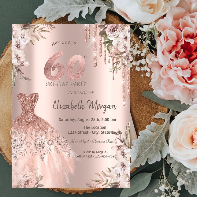 Rose Gold Glitzer Tropfen Kleid Floral 60. Geburts Einladung (Von Creator hochgeladen)