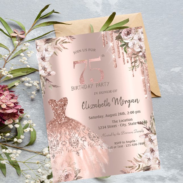 Rose Gold Glitzer Tropfen Kleid Floral 75. Geburts Einladung (Von Creator hochgeladen)
