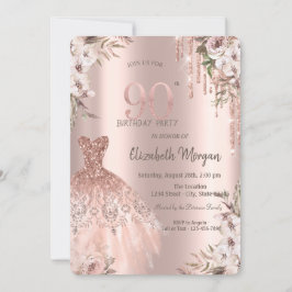 Rose Gold Glitzer Tropfen Kleid Floral 90. Geburts Einladung
