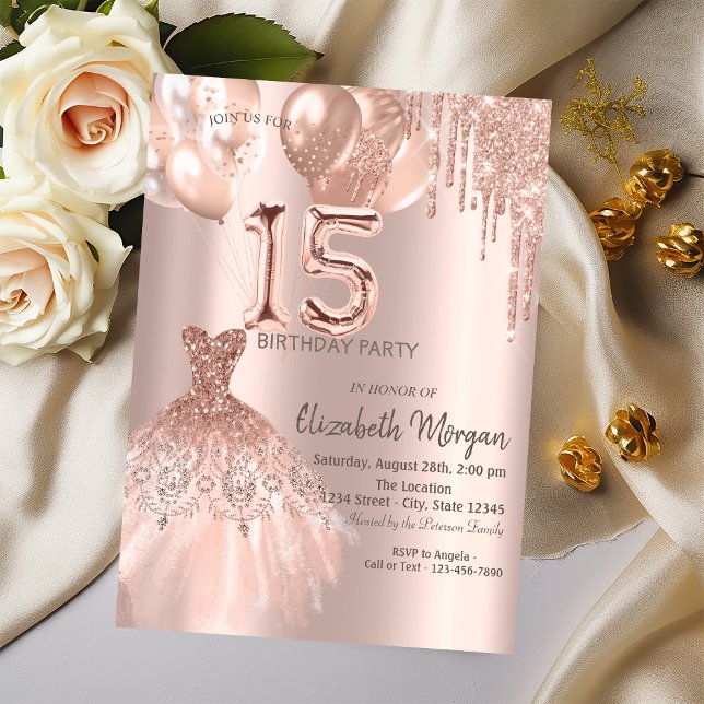 Rose Gold Glitzer Tropfen Kleidung Balloons Quince Einladung (Von Creator hochgeladen)