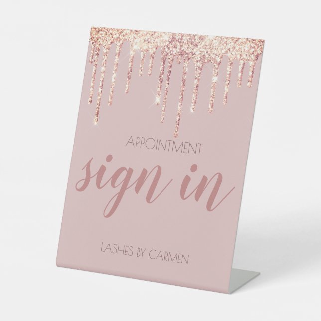 Rose Gold Glitzer Tropfen Lämpchen Terminierungsze Sockelschild (Vorderseite)