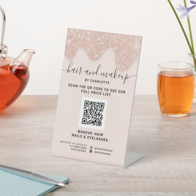 Rose Gold Glitzer Tropfen machen digitalen QR-Prei Sockelschild (In SItu)