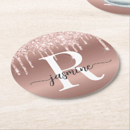 Rose Gold Glitzer Tropfen Metal Girly Monogram Runder Pappuntersetzer
