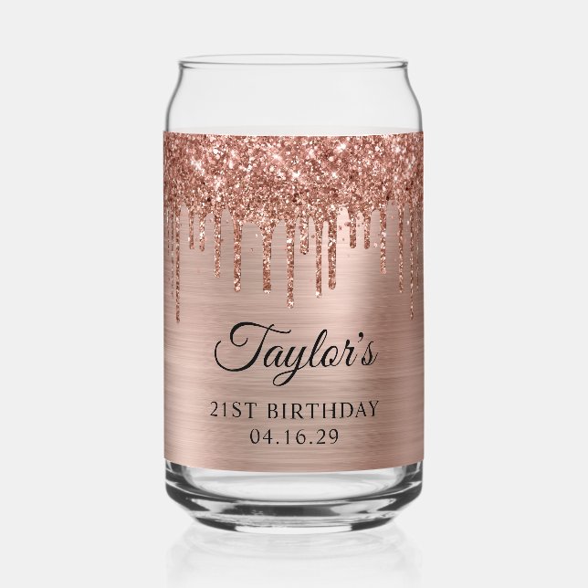 Rose Gold Glitzer Tropfen Metallic 21. Geburtstag Dosenglas (Vorderseite)