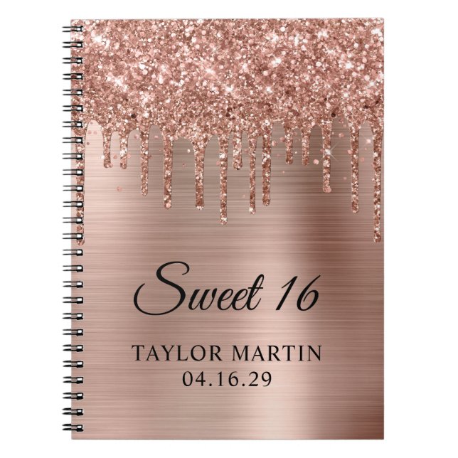 Rose Gold Glitzer Tropfen Metallic Sweet 16 Gast Notizblock (Vorderseite)