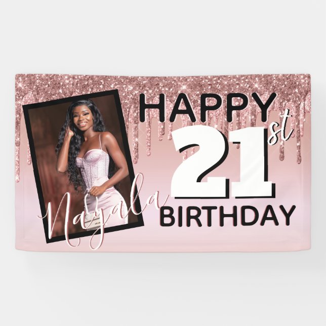 Rose Gold Glitzer Tropfen|Monogram|AGE Foto Geburt Banner (Horizontal)