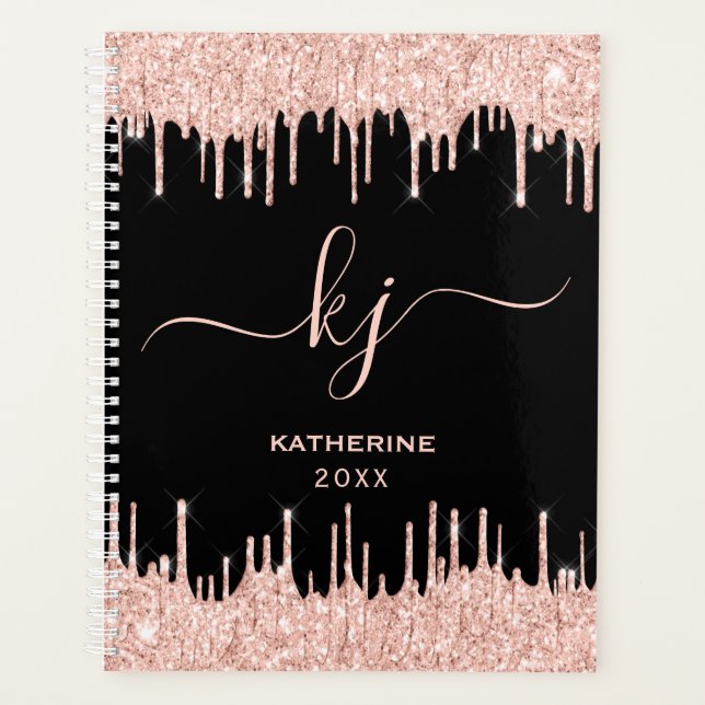 Rose Gold Glitzer Tropfen Monogram Beauty Salon Planer (Vorderseite)