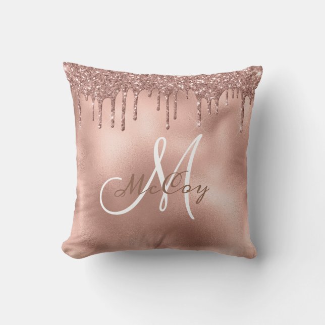 Rose Gold Glitzer Tropfen Monogram Familienname Kissen (Vorderseite)