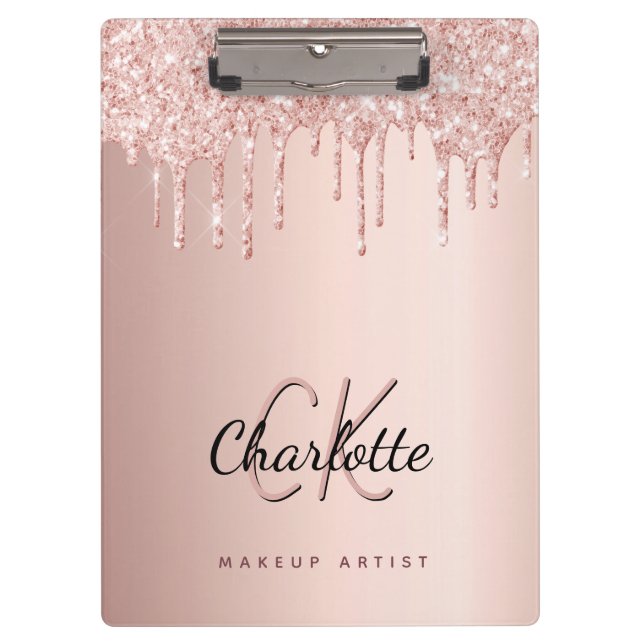 Rose Gold Glitzer Tropfen Monogramm-Geschäft Klemmbrett (Vorderseite)