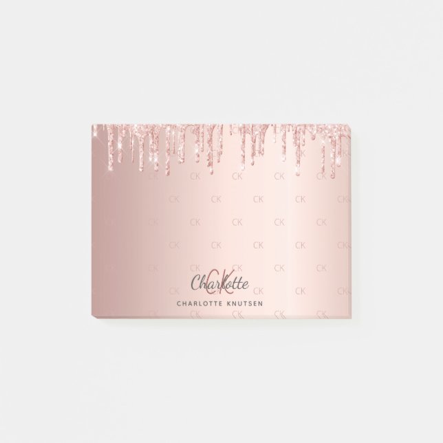 Rose Gold Glitzer Tropfen Monogramm Initialen Post-it Klebezettel (Vorderseite)