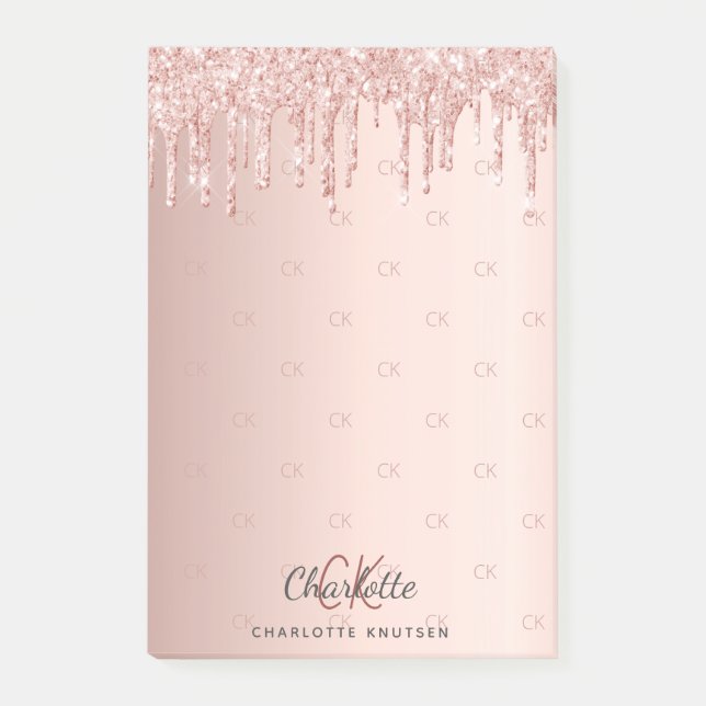 Rose Gold Glitzer Tropfen Monogramm Initialen Post-it Klebezettel (Vorderseite)