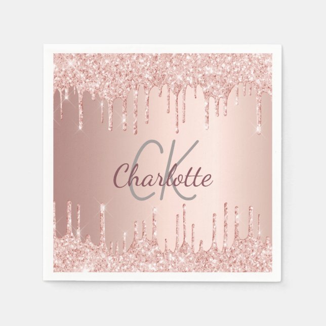 Rose Gold Glitzer Tropfen Monogramm Luxus Serviette (Vorderseite)