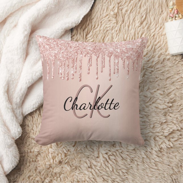 Rose Gold Glitzer Tropfen Monogramm Name Kissen (Decke)