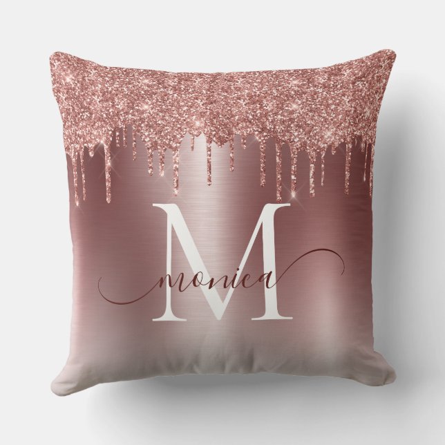 Rose Gold Glitzer Tropfen Monogramm Name Kissen (Rückseite)