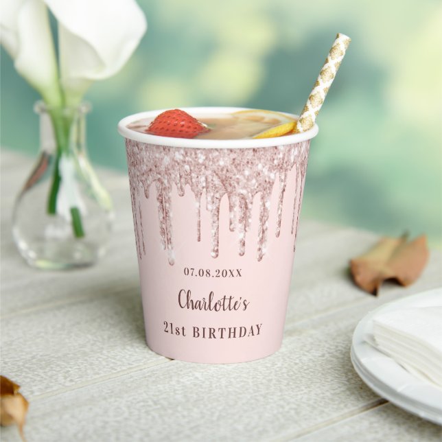 Rose Gold Glitzer Tropfen Monogramm Pappbecher (In Situ)
