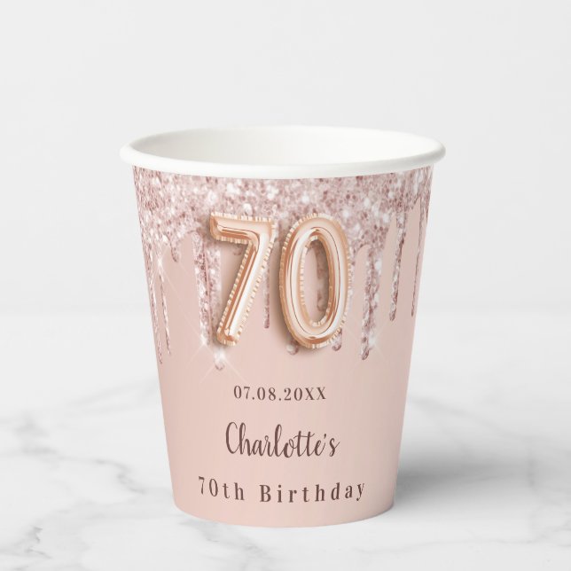 Rose Gold Glitzer Tropfen Monogramm zum 70. Geburt Pappbecher (Vorderseite)