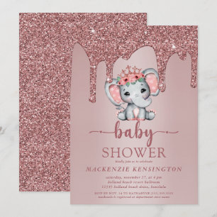 Rose Gold Glitzer Tropfen Niedlich Elephant Baby G Einladung