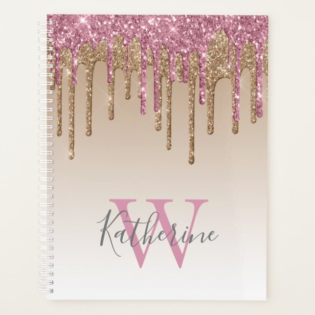 Rose Gold Glitzer Tropfen Ombre Monogram 2024 Planer (Vorderseite)