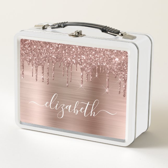 Rose Gold Glitzer Tropfen Personalisiert Metall Brotdose (Vorderseite)