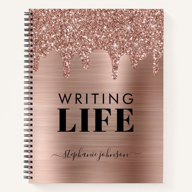 Rose Gold Glitzer Tropfen Personalisiert Writer Notizbuch (Vorderseite)