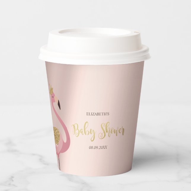 Rose Gold Glitzer Tropfen Pink Flamingo Baby Dusch Pappbecher (Vorderseite)