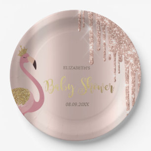 Rose Gold Glitzer Tropfen Pink Flamingo Baby Dusch Pappteller