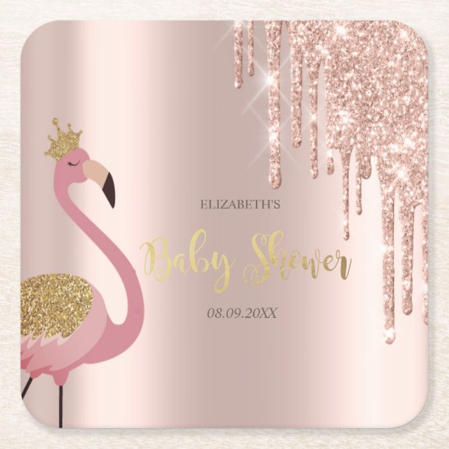 Rose Gold Glitzer Tropfen Pink Flamingo Baby Dusch Rechteckiger Pappuntersetzer (Vorderseite)