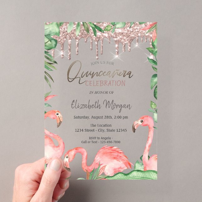 Rose Gold Glitzer Tropfen Pink Flamingos Quinceañe Acryleinladungen (Insitu (Handheld))