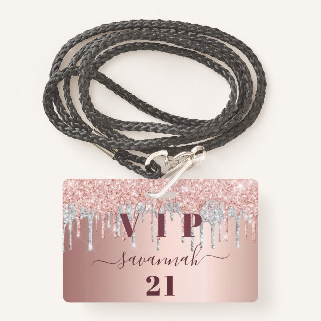 Rose Gold Glitzer Tropfen Pink Silber Vip Ausweis (Vorderseite mit Schlüsselband)